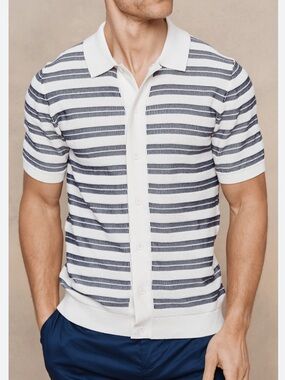 Men's Striped Short-Sleeve Knit Polo Shirt - White & Navy